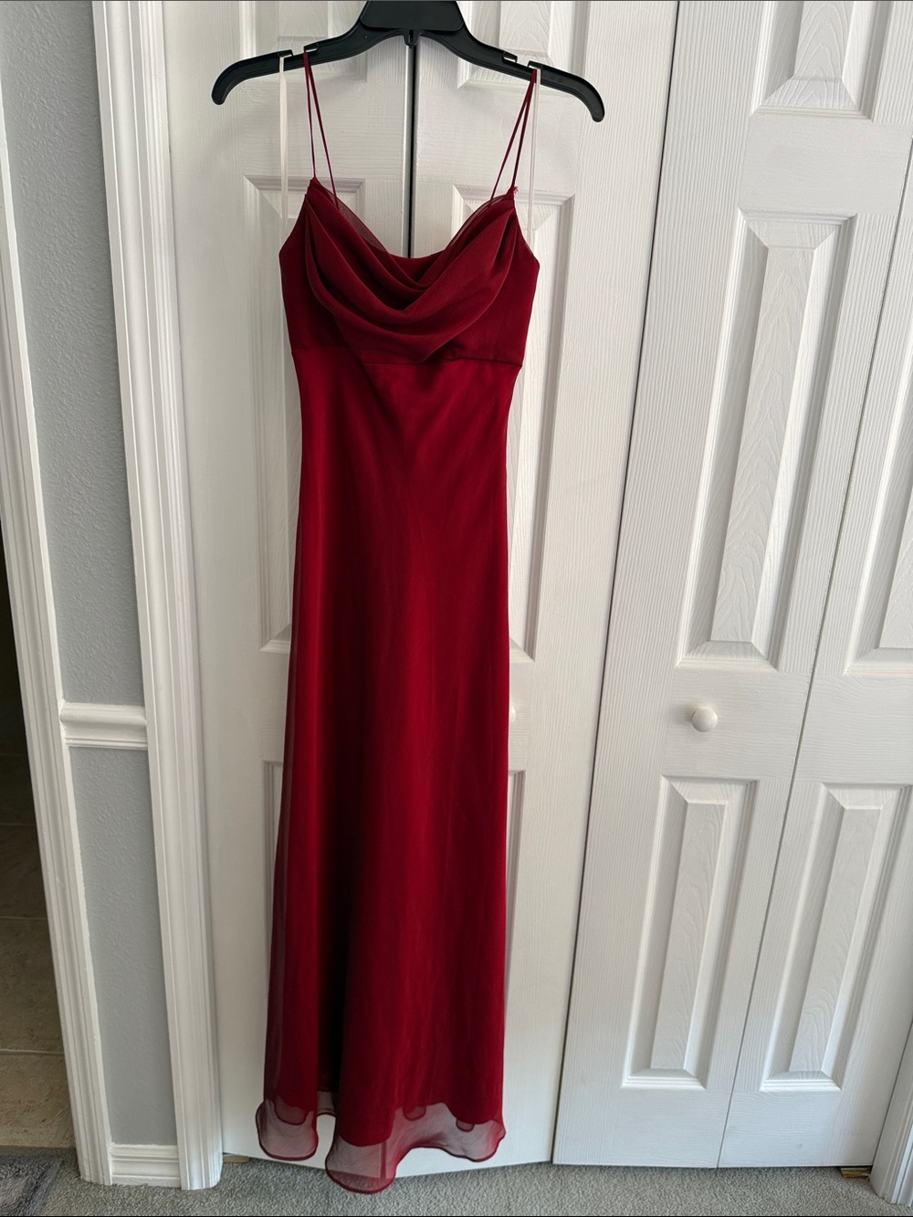 Cache Burgundy Cowl Neck Spaghetti Strap Prom Dress